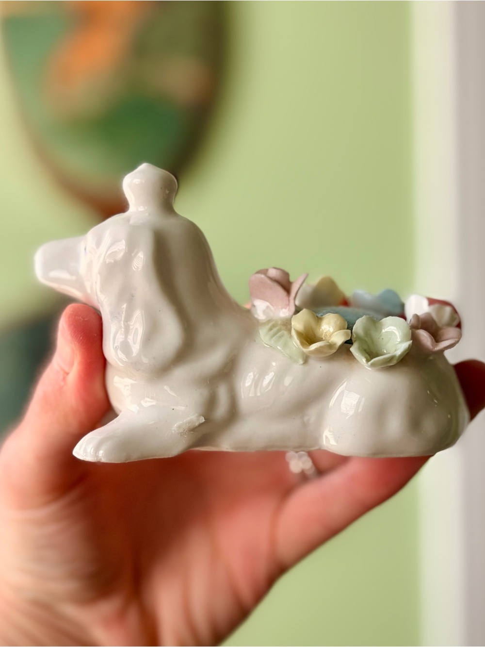 Ceramic White Dachshund Vintage Figurine Pastel Flowers & Pin Cushion - Picture 2 of 5
